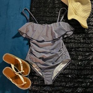 Blue and white one piece swimsuit